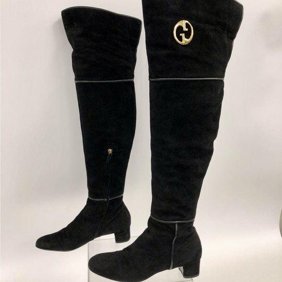 Gucci Black Suede Over-the-Knee Boots with Gold Accent